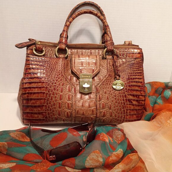 Vintage BRAHMIN ANNABELLE Melbourne Pecan Croc-Embossed Leather Zip-top Satchel - Picture 1 of 15